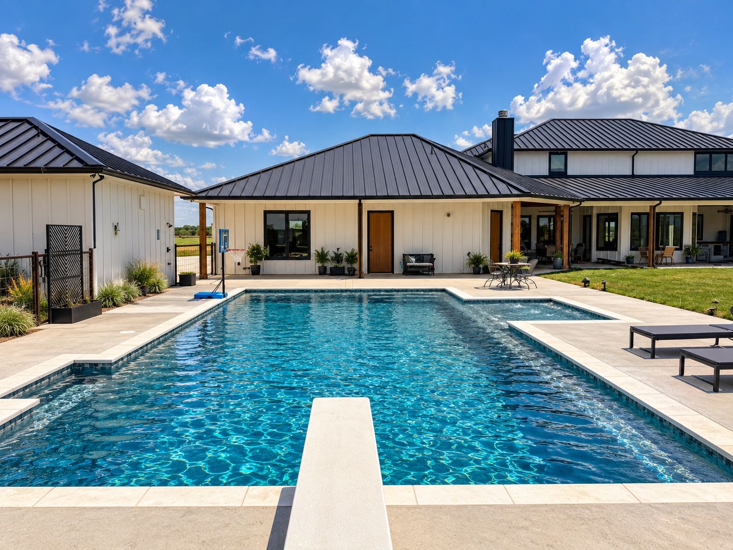 Custom pool and covered patio behind a modern farmhouse built by Harrison Building Co in North Texas