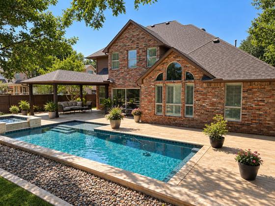 Backyard pool and spa with a covered pavilion and outdoor living area